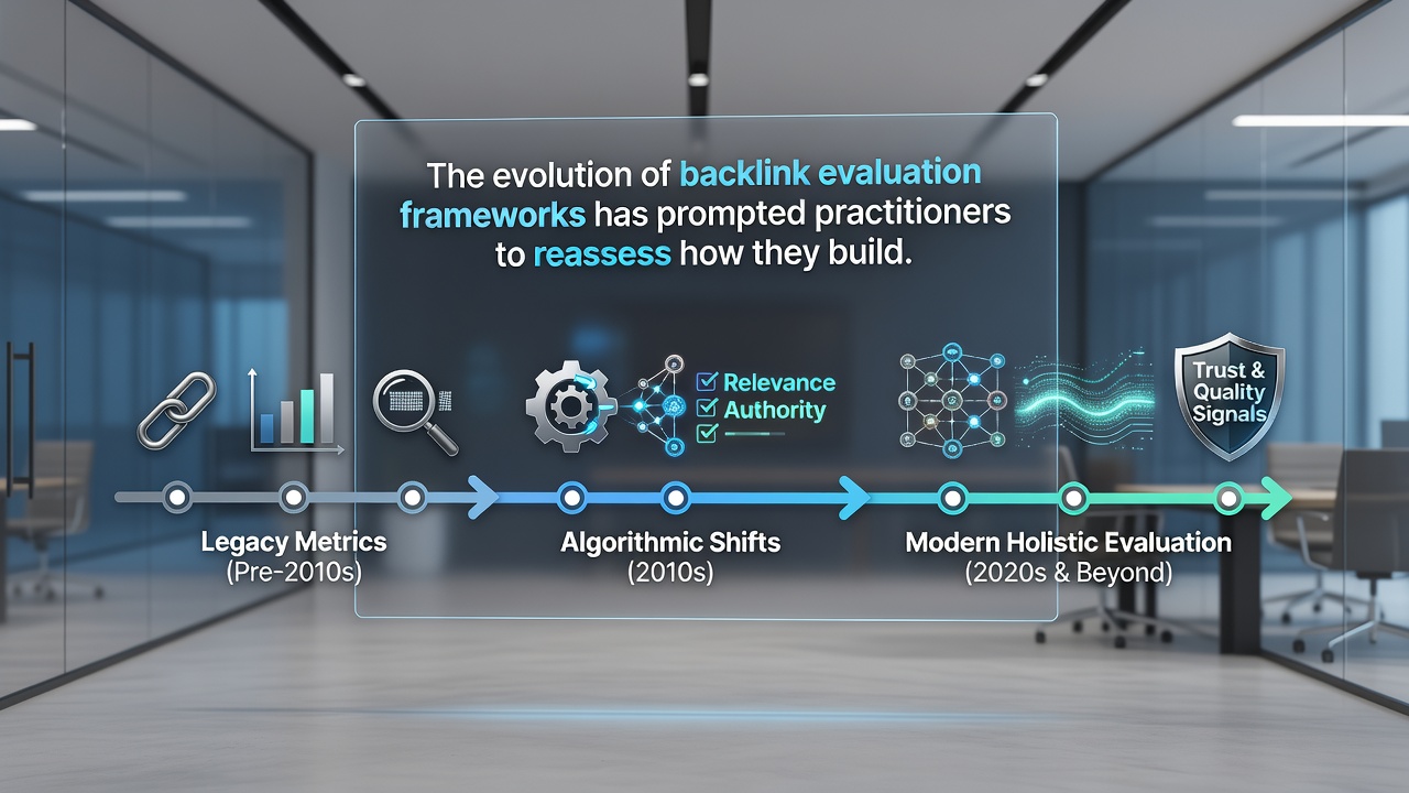 Diagram depicting practitioners reviewing link profiles on multiple digital properties with evaluation dashboards
